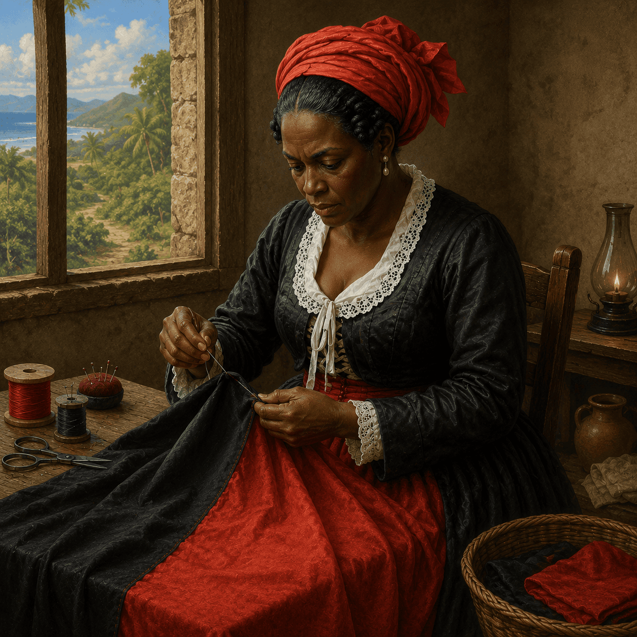 Catherine Flon sewing the revolutionary colors